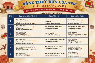 Trường Mầm non Mỹ Tân xin gửi tới Quý phụ huynh thực đơn tháng 4/2026 của các bé với nhiều món ăn dinh dưỡng. Kính mời ba mẹ xem chi tiết thực đơn từng tuần trong các hình ảnh đính kèm bên dưới bài viết nhé!